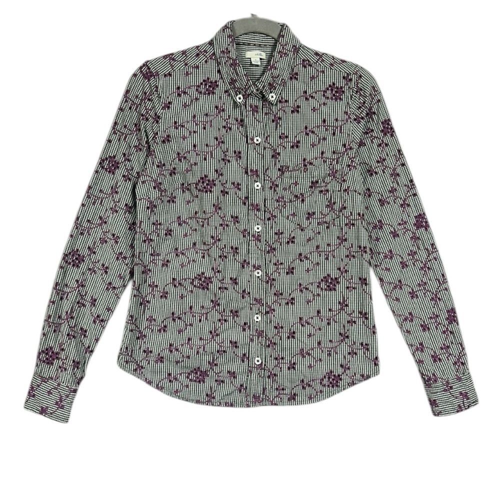 odille Embroidered Eyelet Gingham Plaid Long Sleeve Button Up Sz 4